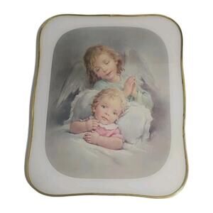 Vintage Italian Made Guardian Angel And Sleeping Baby Rectangle Convex Frame